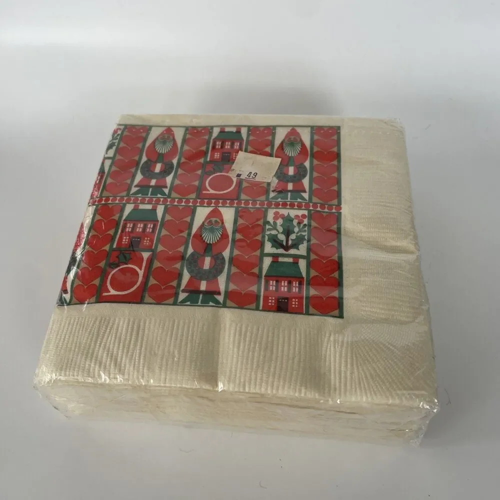 NOS Vintage Christmas Cocktail Napkins Package Of 50 Folk Art Santa Wreath New
